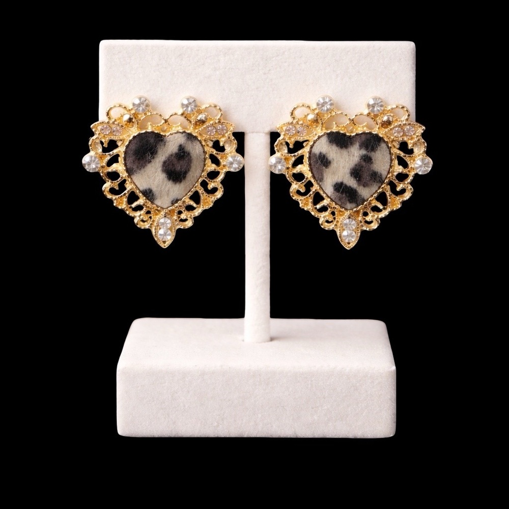 Leopard Heart Statement Earrings – Gold Filigree Rhinestone Glam Luxe